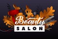 Beauty Salon. Colorful Makeup and Hair Style decorative illustration with haircut accessories and Make-up equipment with big white