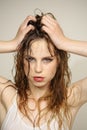 Beauty salon and hairdresser. Woman with brittle hair. Hair loss and care. Wet hair. Fashion portrait of woman. Girl Royalty Free Stock Photo