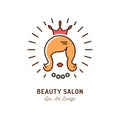 Beauty salon icon, Queen beauty logo, Hairdressing salon symbol. Silhouette of a woman with a crown. Thin line art