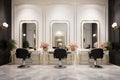 Beauty salon interior, chairs and mirrors in luxury hairdressing shop