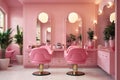 Beauty salon interior, chairs and mirrors in pink hairdressing shop