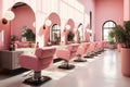 Beauty salon interior, chairs and mirrors in pink hairdressing shop