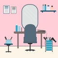 Beauty salon interior flat vector illustration. Workplace of the hairdresser. Hairdressing tools. Beauty accessories for haircare