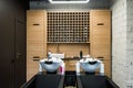 Beauty salon interior - hair washing sinks - white washbasins for hairdresser Royalty Free Stock Photo