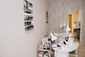 Beauty salon interior, no people. Manicure workplaces with professional tools