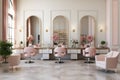 Beauty salon interior, pink design of luxury cosmetic service shop