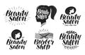 Beauty salon, label set. Makeup, barbershop logo. Lettering, calligraphy vector illustration