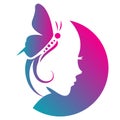 Beauty salon logo with girl face and butterfly on white background vector illustration Royalty Free Stock Photo