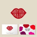 Beauty salon logo. Red lip and hand-draw letters. Business card. Multicolor lips.