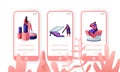 Beauty Salon Mobile App Page Onboard Screen Set. Female Characters in Make Up School Testing Skin Care Products in Beautician