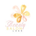 Beauty salon original logo design with delicate textured flower. Label with gentle colors. Hand drawn vector Royalty Free Stock Photo