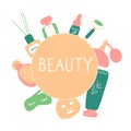 Beauty salon. Skin care elements, cosmetics products, beauty tools. Vector flat hand drawn illustration