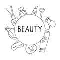 Beauty salon. Skin care elements, cosmetics products, beauty tools. Vector hand drawn illustration