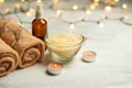 Beauty salon, spa, relaxation with candles sea salt and hot towels. Skin care and cleanliness. With space for designers Royalty Free Stock Photo