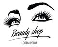 Beauty salon vector poster with eyes, eyelashes and eyebrow of beautiful woman