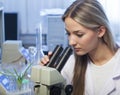 Beauty scientist Looks in microscope in chemical laboratory