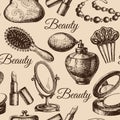 Beauty seamless pattern. Cosmetic accessories. Vintage hand drawn sketch vector illustrations Royalty Free Stock Photo