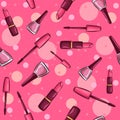 Beauty seamless pattern with different cosmetic products. Repetitive background with pink lipstick, mascara and nail polish Royalty Free Stock Photo