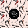 Beauty seamless pattern with Hairdressing Supplies. Cartoon style. Vector illustration. Royalty Free Stock Photo