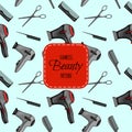 Beauty seamless pattern with Hairdressing Supplies. Cartoon style. Vector illustration Royalty Free Stock Photo