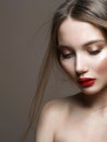 Beauty sensual girl with red lips make-up