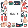 Beauty set for card, poster, banner, sticker, catalog, book. Make up and skin care products for cosmetic store, online shop. Cute