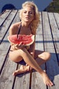 Beauty woman body sun tan skin watermelon summer swimsuit Royalty Free Stock Photo