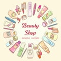 Beauty shop cosmetic label doodle vector frame