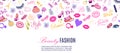 Beauty shop and fashion vector illustration. Glamour, stylish cloths, accessories for ladies, cosmetics, body care