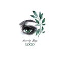 Beauty Shop logo. Watercolor logo template. Watercolor green eye and leaves