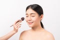 Beauty shot of woman with hand holding makeup powder brush on face. Cosmetic of perfect skin. Royalty Free Stock Photo