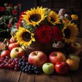 The beauty of simple things: sunflowers, vegetables and a basket on a wooden table.