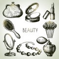 Beauty sketch icon set. Vintage hand drawn vector illustrations of cosmetics