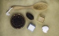 Spa products bath accessories natural coffee scrub peeling, brush, soaps, salt Royalty Free Stock Photo