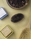 Beauty and skin care. Closeup spa products bath accessories natural coffee scrub peeling, brush, soap, Spa, body care concept Royalty Free Stock Photo