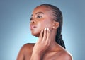 Beauty, skin care and face of a black woman with dermatology, natural makeup and manicure. Headshot of African person on