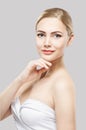 Beauty Skin Care, Woman Face Natural Makeup, Fashion Model touch Cheek, White Royalty Free Stock Photo