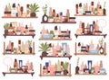 Beauty skincare cosmetics products, decorative makeup items and toiletries standing on shelf set Royalty Free Stock Photo