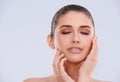 Beauty, skincare and face of woman with facial, relax and benefits of cosmetics in studio. Dermatology, health and girl Royalty Free Stock Photo