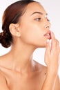 Beauty skincare, lips and profile of woman soft mouth from lip balm, self care routine or botox plastic surgery