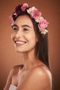 Beauty, skincare and portrait of woman with flower crown, smile on face and fresh clean glowing skin. Happy girl model Royalty Free Stock Photo