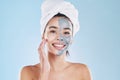 Beauty, skincare product and face mask with a portrait of a beautiful woman taking care of her clean, healthy and happy