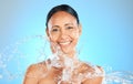 Beauty, skincare and splash of water with woman for hydration, wellness and freshness. Health, natural and clean