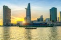 Beauty skyscrapers along urban river down smooth light