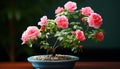 the beauty of the smallest coral-colored bonsai rose plant, flourishing in its carefully chosen pot