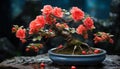 the beauty of the smallest coral-colored bonsai rose plant, flourishing in its carefully chosen pot