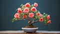 the beauty of the smallest coral-colored bonsai rose plant, flourishing in its carefully chosen pot