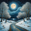 The beauty snow road view by a blue sea, in winter dark sky, starry night, moonlit, tree, street, painting art of Van Gogh, waves