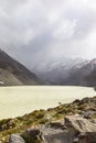 The beauty of the South Island. Rocky Mountains above Hooker Lake. New Zealand Royalty Free Stock Photo