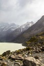 The beauty of the South Island. Rocky Mountains above Hooker Lake. New Zealand Royalty Free Stock Photo